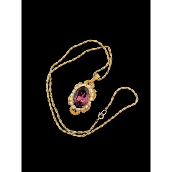 Rare Antique Signed Miriam Haskell Necklace Estate Amethyst Pearl Pendant Chain - Picture 6 of 16